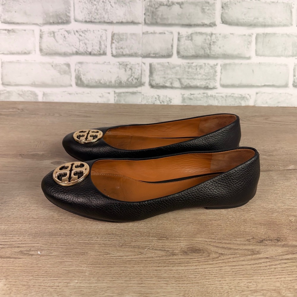 Tory Burch Reva Ballet Flats Pebbled Leather Black Womens 8.5